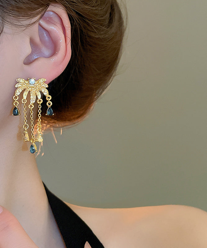 Chinese Style Gold Sterling Silver Overgild Zircon Water Drop Tassel Drop Earrings