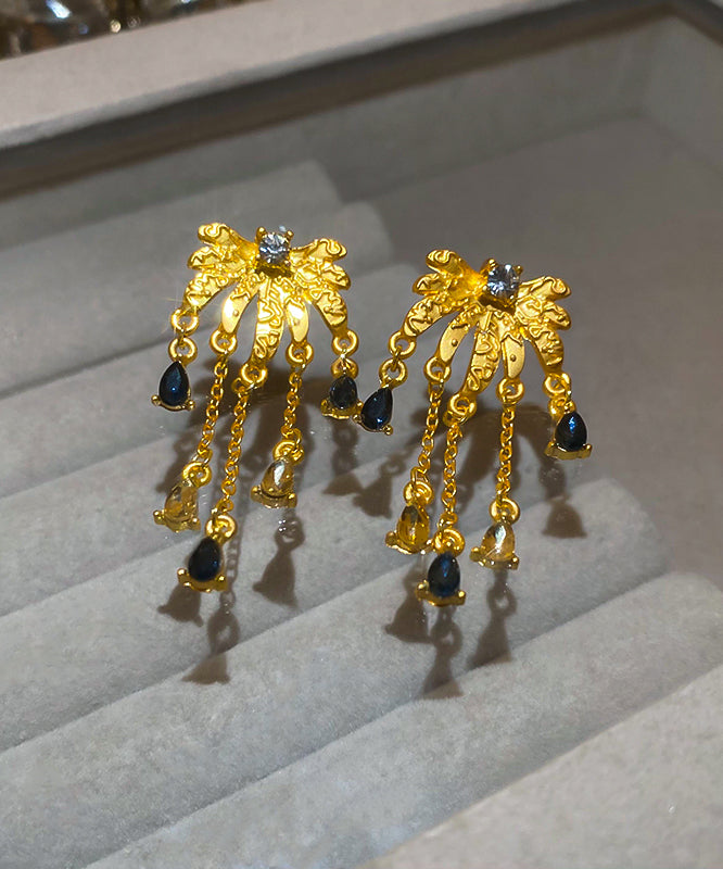 Chinese Style Gold Sterling Silver Overgild Zircon Water Drop Tassel Drop Earrings