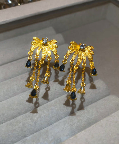 Chinese Style Gold Sterling Silver Overgild Zircon Water Drop Tassel Drop Earrings