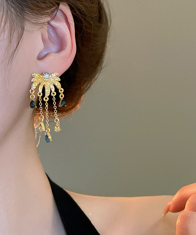 Chinese Style Gold Sterling Silver Overgild Zircon Water Drop Tassel Drop Earrings