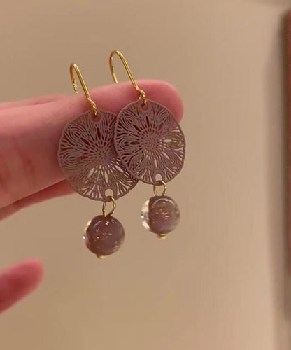Chinese Style Light Purple Copper Overgild Hollow Out Window Paper-cut Drop Earrings