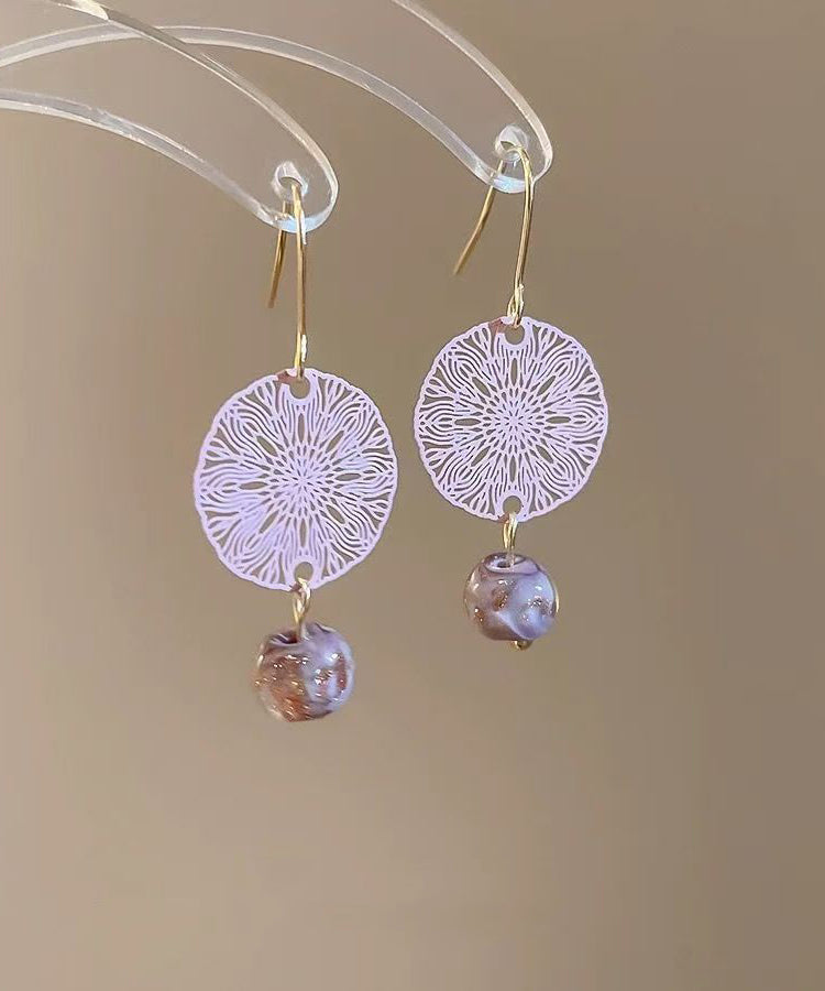 Chinese Style Light Purple Copper Overgild Hollow Out Window Paper-cut Drop Earrings