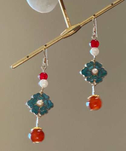 Chinese Style Rainbow Sterling Silver Overgild Enamel Pearl Drop Earrings