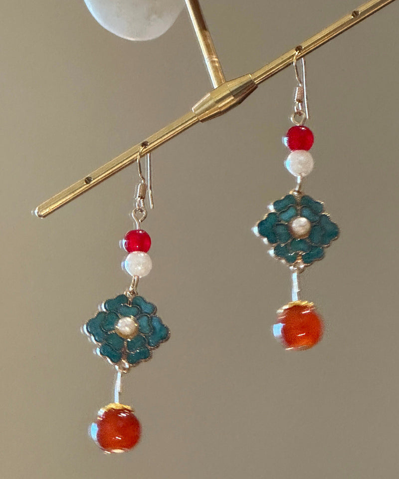 Chinese Style Rainbow Sterling Silver Overgild Enamel Pearl Drop Earrings