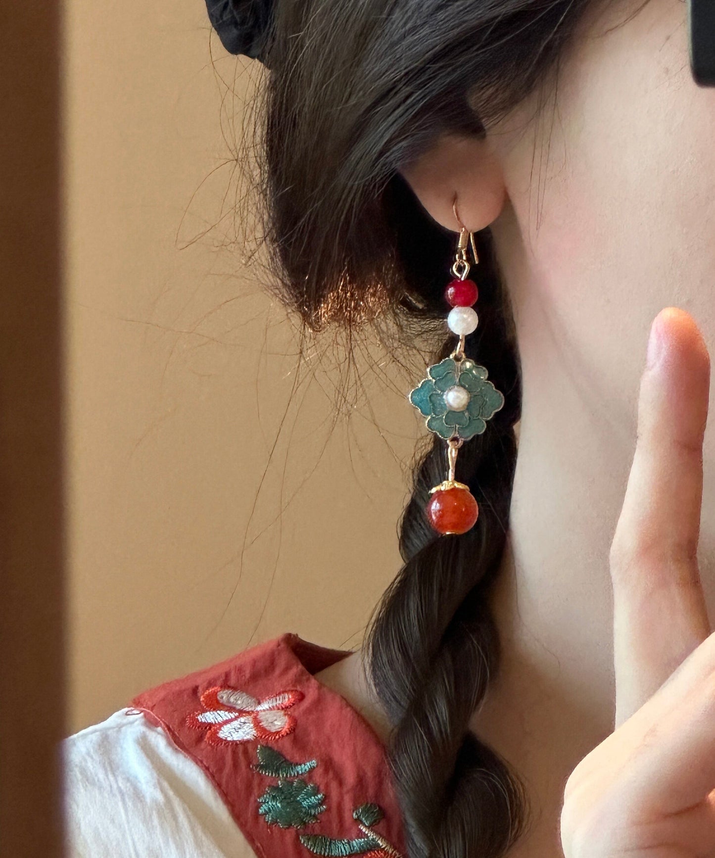 Chinese Style Rainbow Sterling Silver Overgild Enamel Pearl Drop Earrings