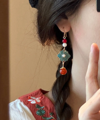 Chinese Style Rainbow Sterling Silver Overgild Enamel Pearl Drop Earrings