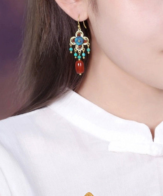 Chinese Style Red Sterling Silver Overgild Agate Turquoise Drop Earrings