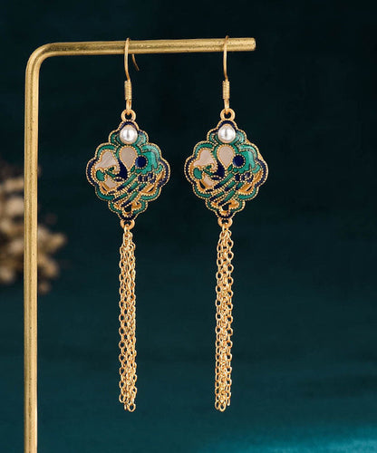 Classy Green Sterling Silver Overgild Inlaid Jade Tassel Drop Earrings Tw1050
