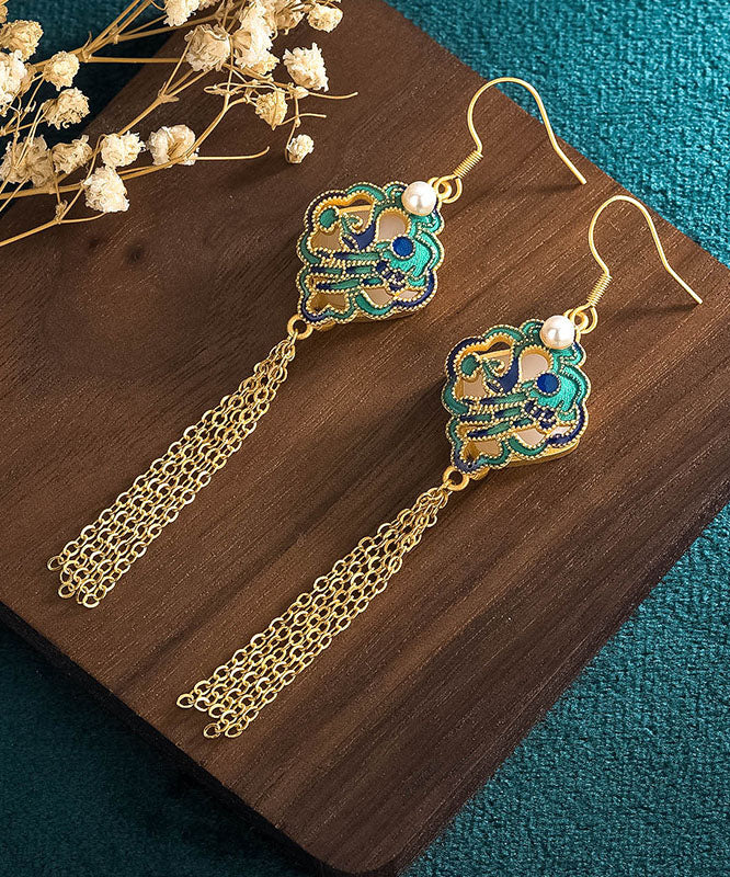Classy Green Sterling Silver Overgild Inlaid Jade Tassel Drop Earrings Tw1050