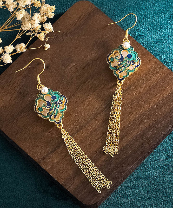 Classy Green Sterling Silver Overgild Inlaid Jade Tassel Drop Earrings Tw1050