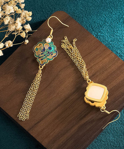 Classy Green Sterling Silver Overgild Inlaid Jade Tassel Drop Earrings Tw1050