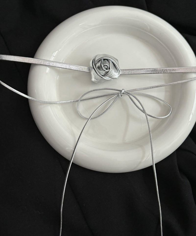 Classy Silk Leather Rope Rose Bilayer Bow Necklace Po044