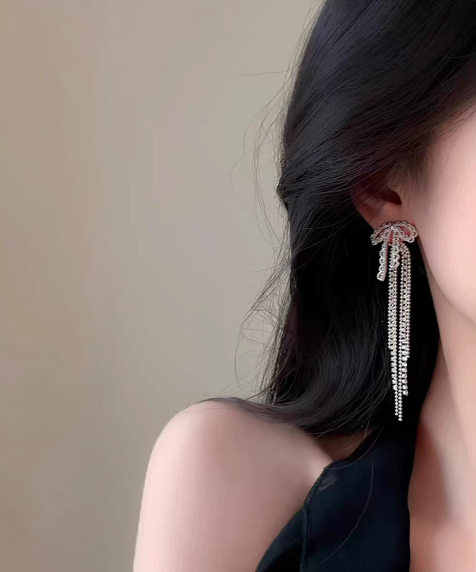 Classy White Alloy Lace Bow Tassel Drop Earrings