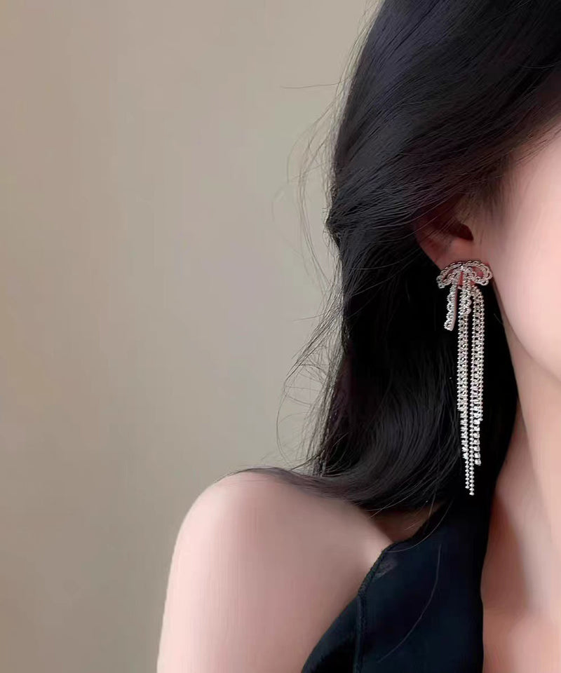 Classy White Alloy Lace Bow Tassel Drop Earrings