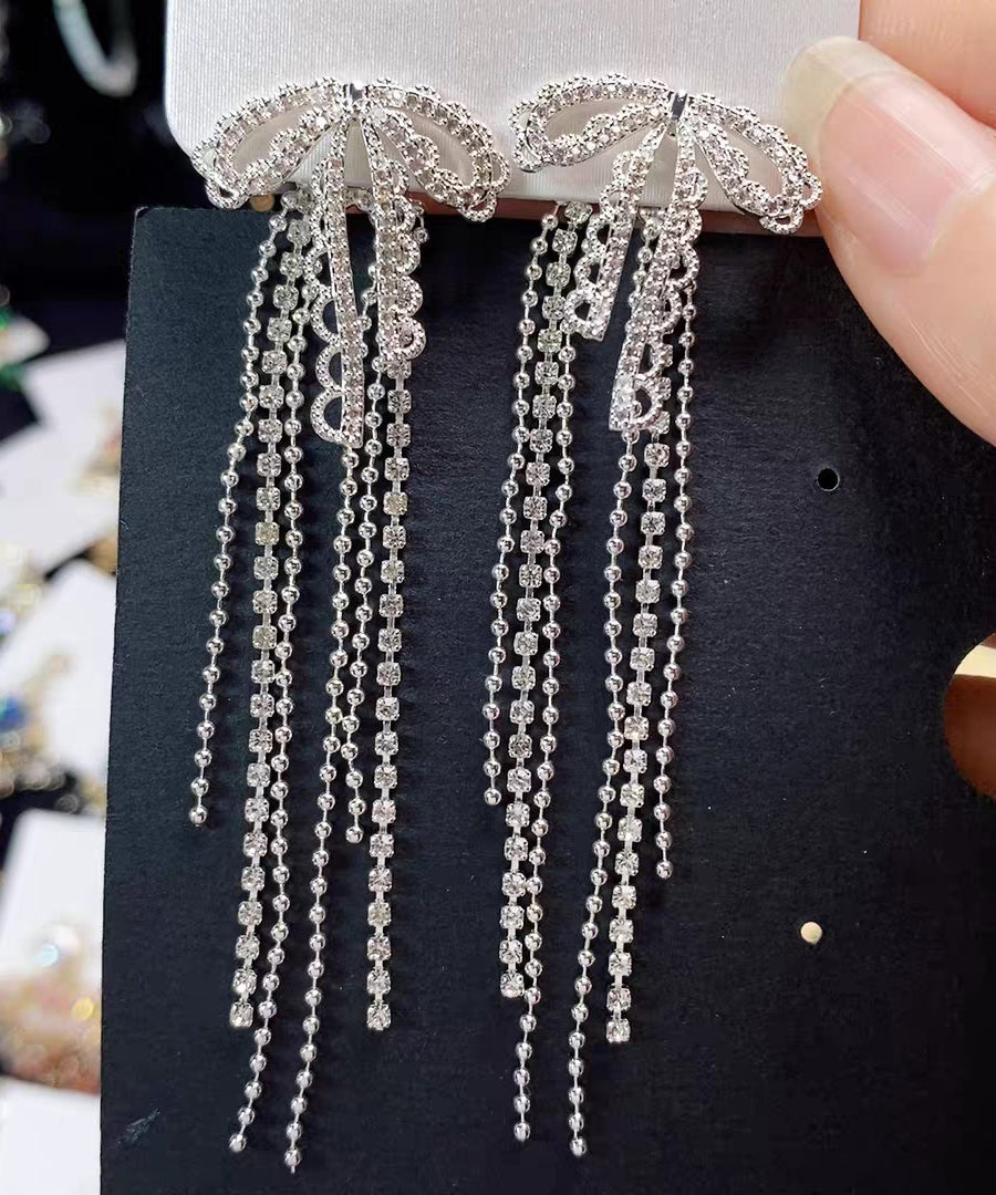 Classy White Alloy Lace Bow Tassel Drop Earrings