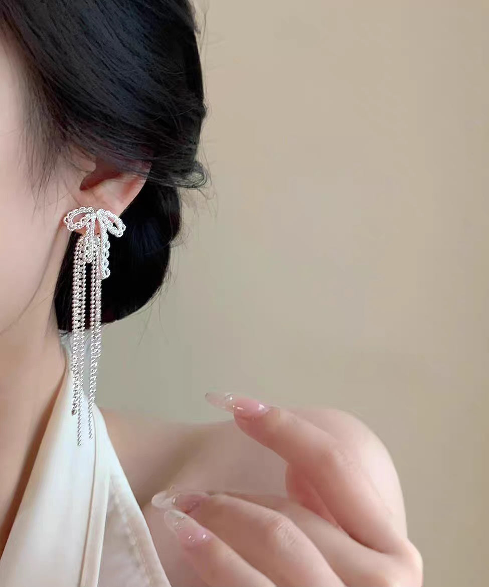 Classy White Alloy Lace Bow Tassel Drop Earrings