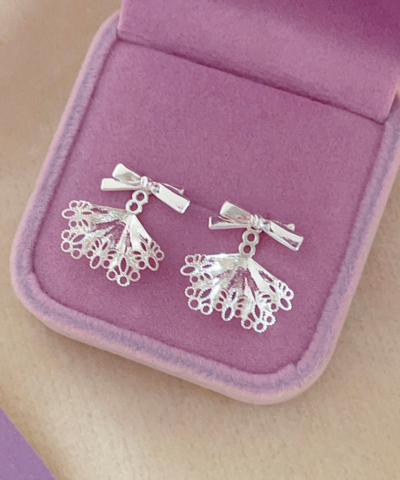 Classy White Sterling Silver Bow Lace Stud Earrings