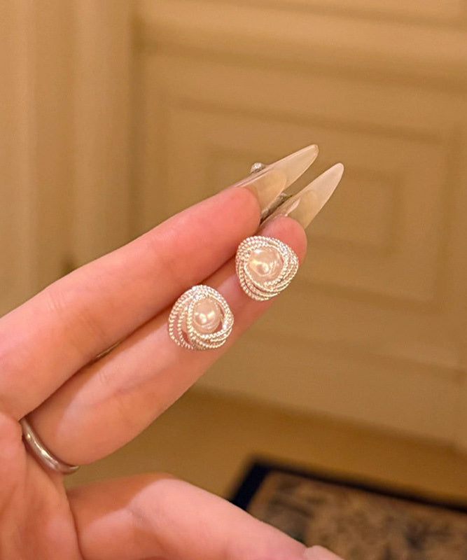 Beige Sterling Silver Overgild Entangle Pearl Stud Earrings