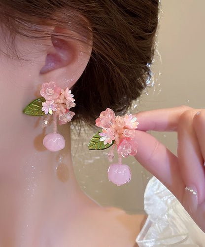Pink Alloy Colored Glaze Beading Drop Earrings