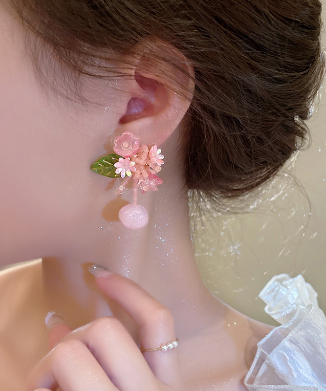 Pink Alloy Colored Glaze Beading Drop Earrings