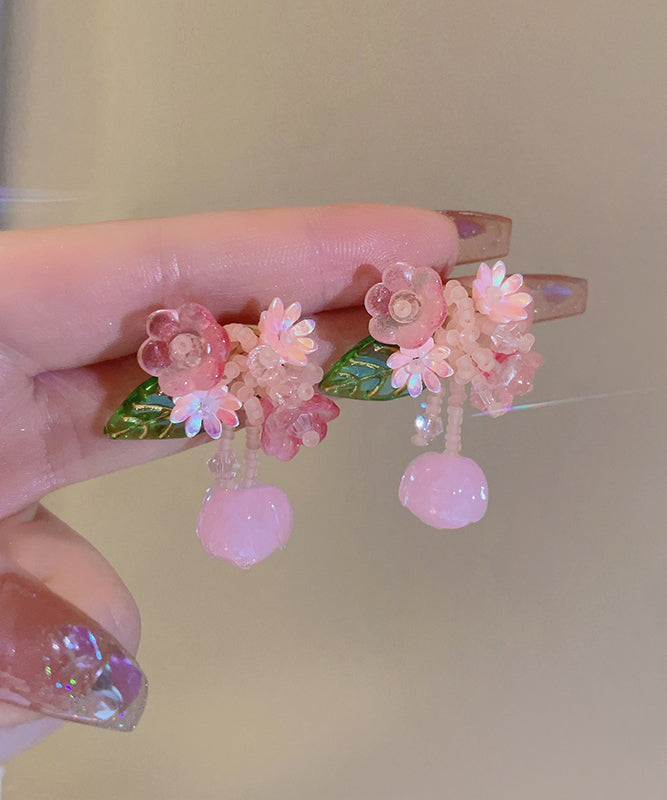 Pink Alloy Colored Glaze Beading Drop Earrings