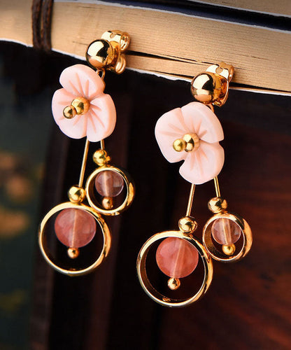 Pink Crystal Shellfish Flower 14k Gold Drop Earrings