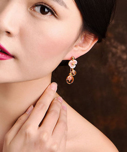Pink Crystal Shellfish Flower 14k Gold Drop Earrings