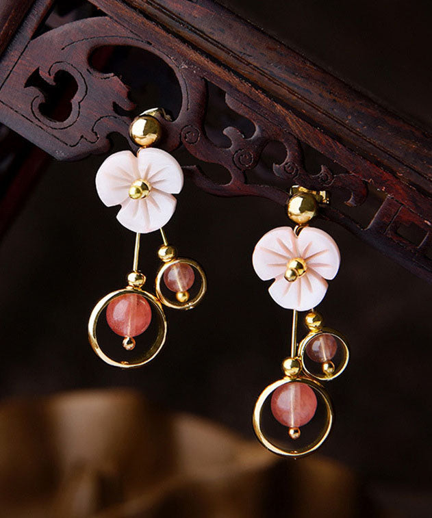 Pink Crystal Shellfish Flower 14k Gold Drop Earrings