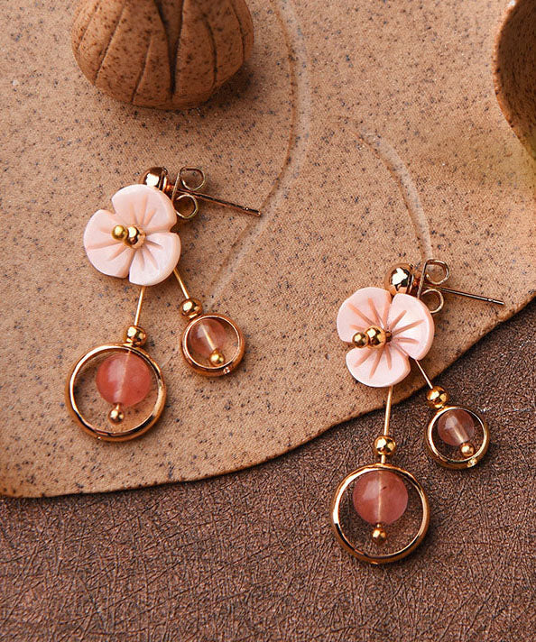 Pink Crystal Shellfish Flower 14k Gold Drop Earrings