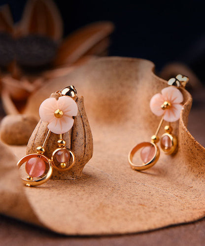Pink Crystal Shellfish Flower 14k Gold Drop Earrings