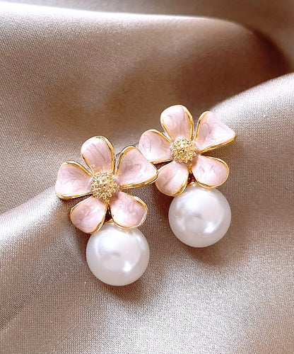 Pink Metal Alloy Pearl Drip Glaze Stud Earrings