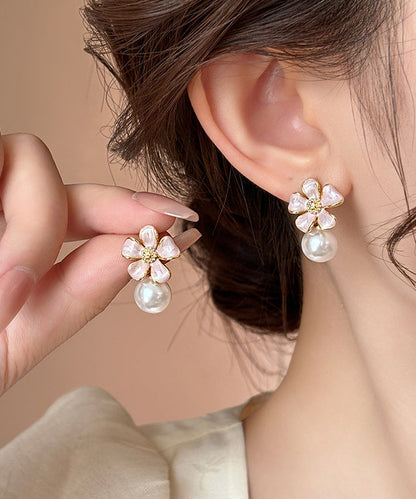 Pink Metal Alloy Pearl Drip Glaze Stud Earrings
