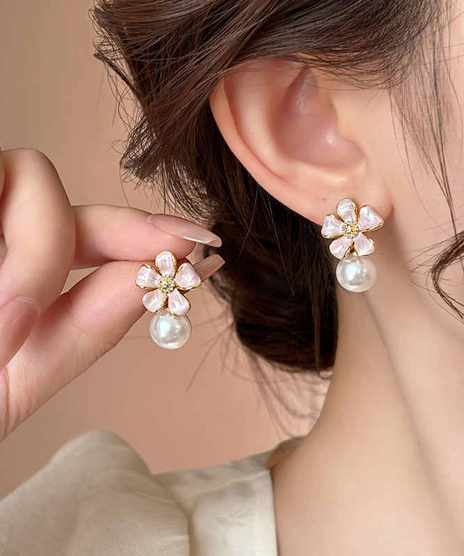 Pink Metal Alloy Pearl Drip Glaze Stud Earrings