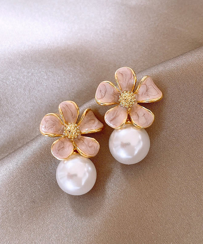 Pink Metal Alloy Pearl Drip Glaze Stud Earrings