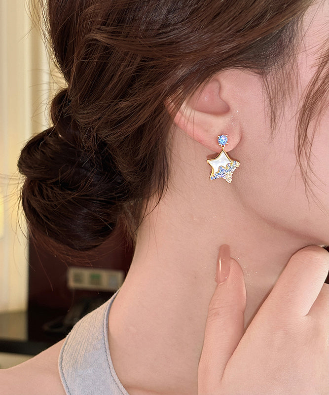 Diy Blue Copper Alloy Zircon Starfish Shell Drop Earrings