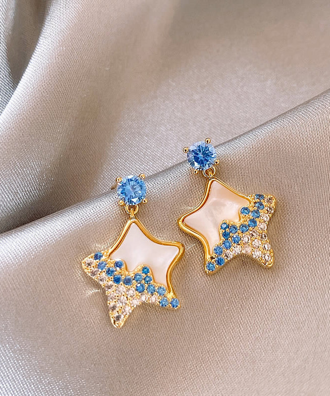 Diy Blue Copper Alloy Zircon Starfish Shell Drop Earrings