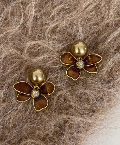 Diy Coffee Alloy Pearl Drip Glaze Stud Earrings