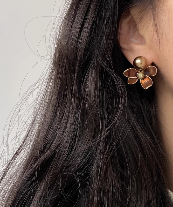 Diy Coffee Alloy Pearl Drip Glaze Stud Earrings