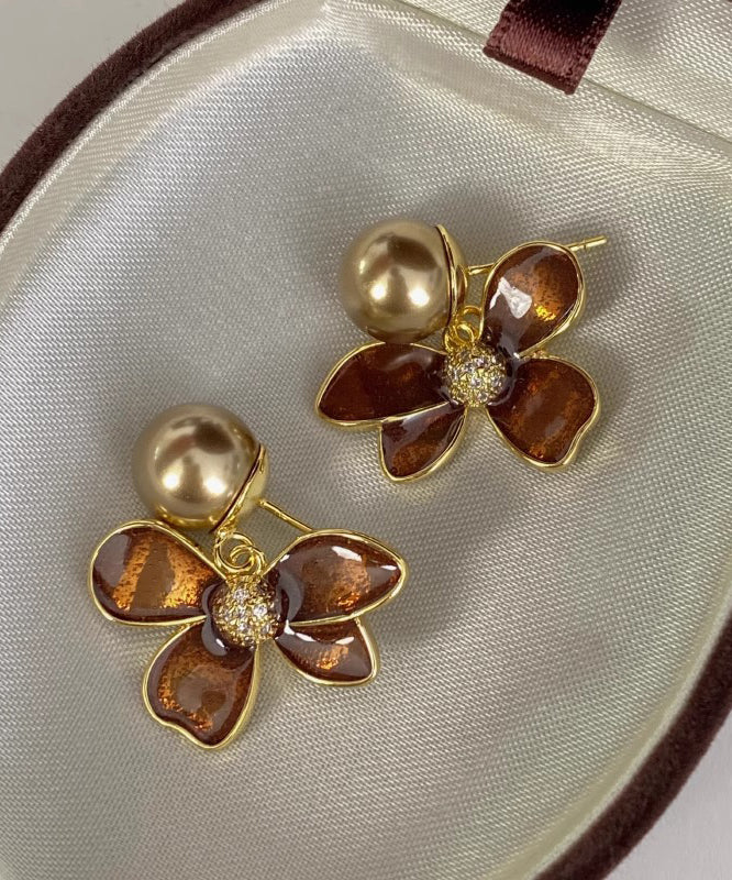 Diy Coffee Alloy Pearl Drip Glaze Stud Earrings