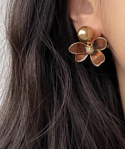 Diy Coffee Alloy Pearl Drip Glaze Stud Earrings