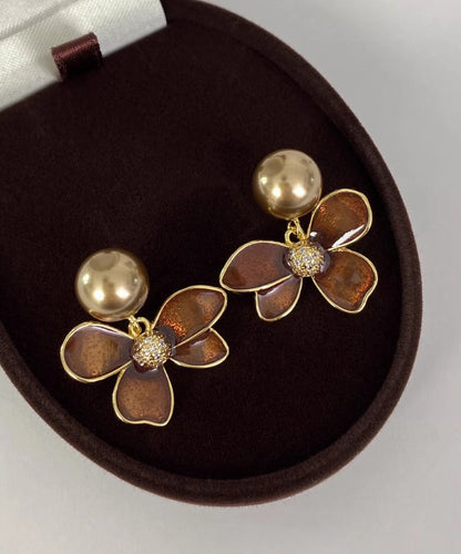 Diy Coffee Alloy Pearl Drip Glaze Stud Earrings
