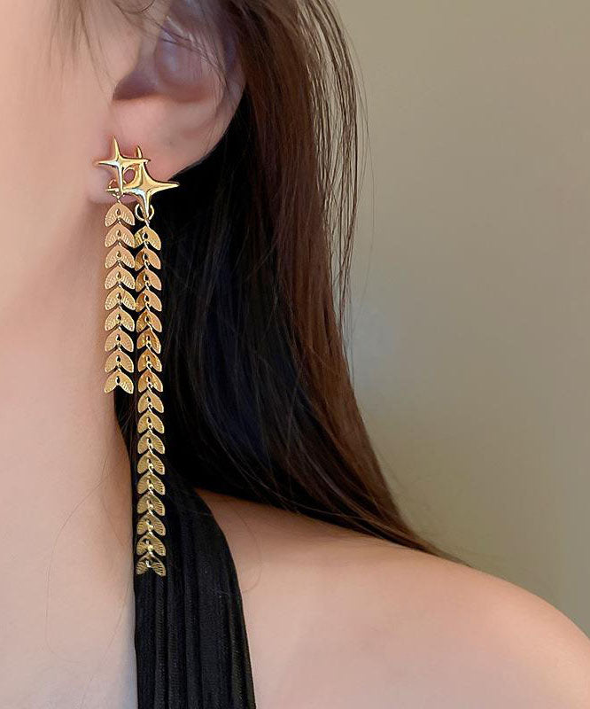 Diy Gold Copper Four Pointed Star Wheat Ears Tassel Drop Earrings