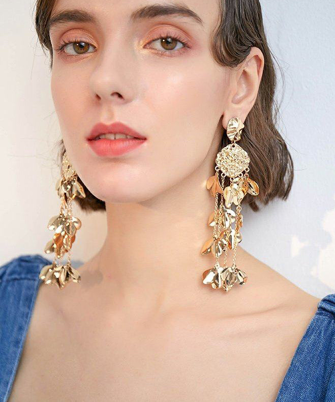 Diy Golden Leaf Tasseled Metal Drop Earrings