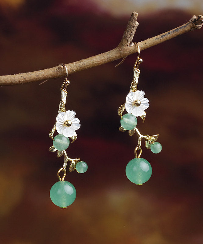 Diy Green Chalcedong Shell Flower Drop Earrings