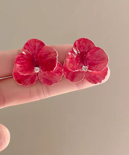 Diy Red Alloy Butterfly Orchid Heart-shaped Stud Earrings
