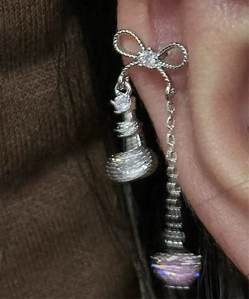 Diy Silk Copper Zircon Love Bow Tassel Single Drop Earrings