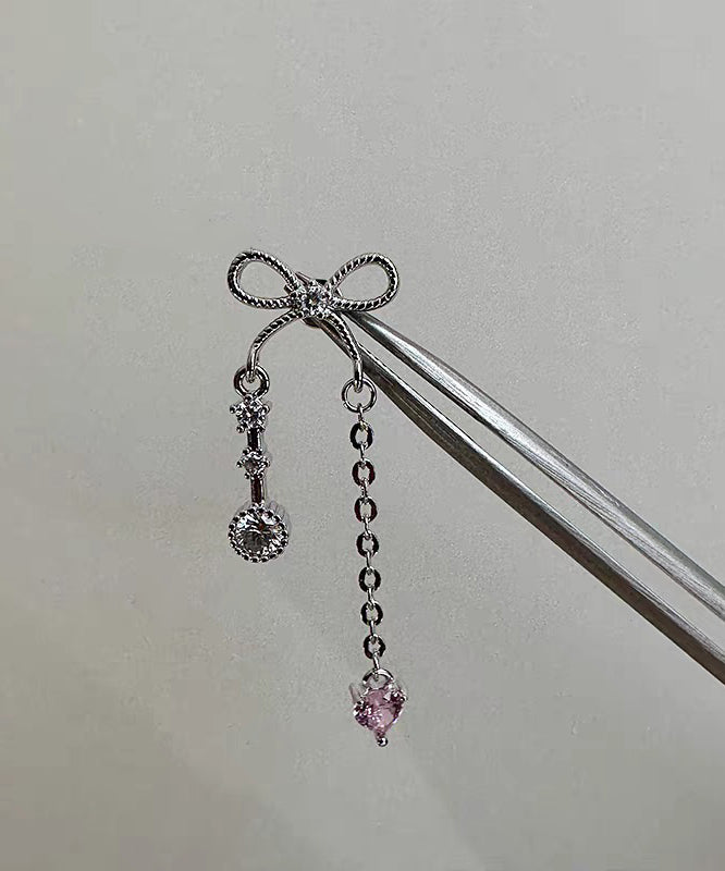 Diy Silk Copper Zircon Love Bow Tassel Single Drop Earrings