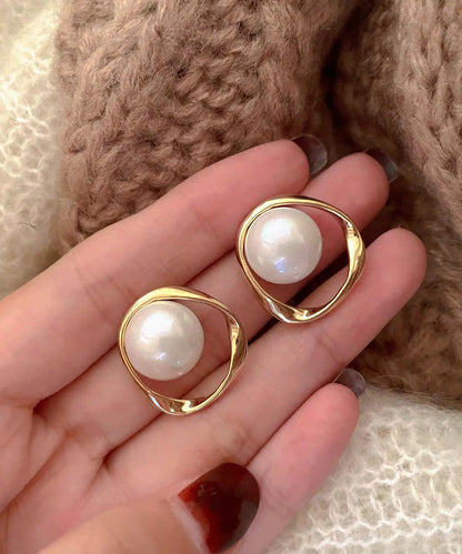 Diy White Copper Overgild Pearl Stud Earrings