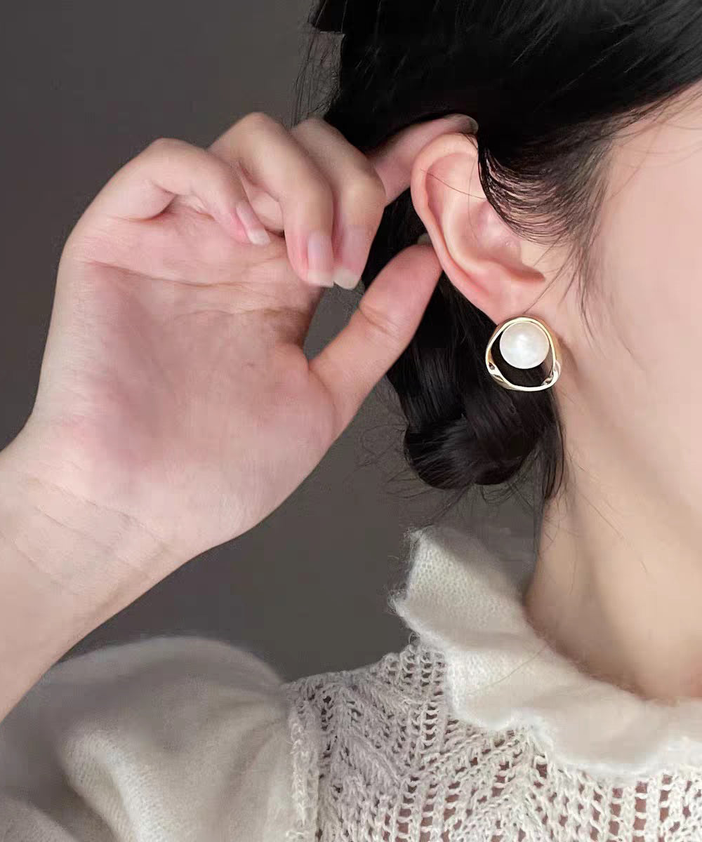 Diy White Copper Overgild Pearl Stud Earrings