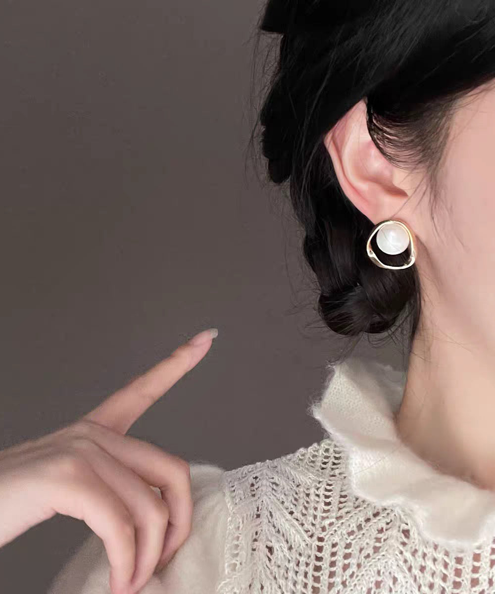 Diy White Copper Overgild Pearl Stud Earrings